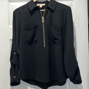 Micheal Kors black dress blouse w gold zippers and buttons. Zips 1/2 way down.